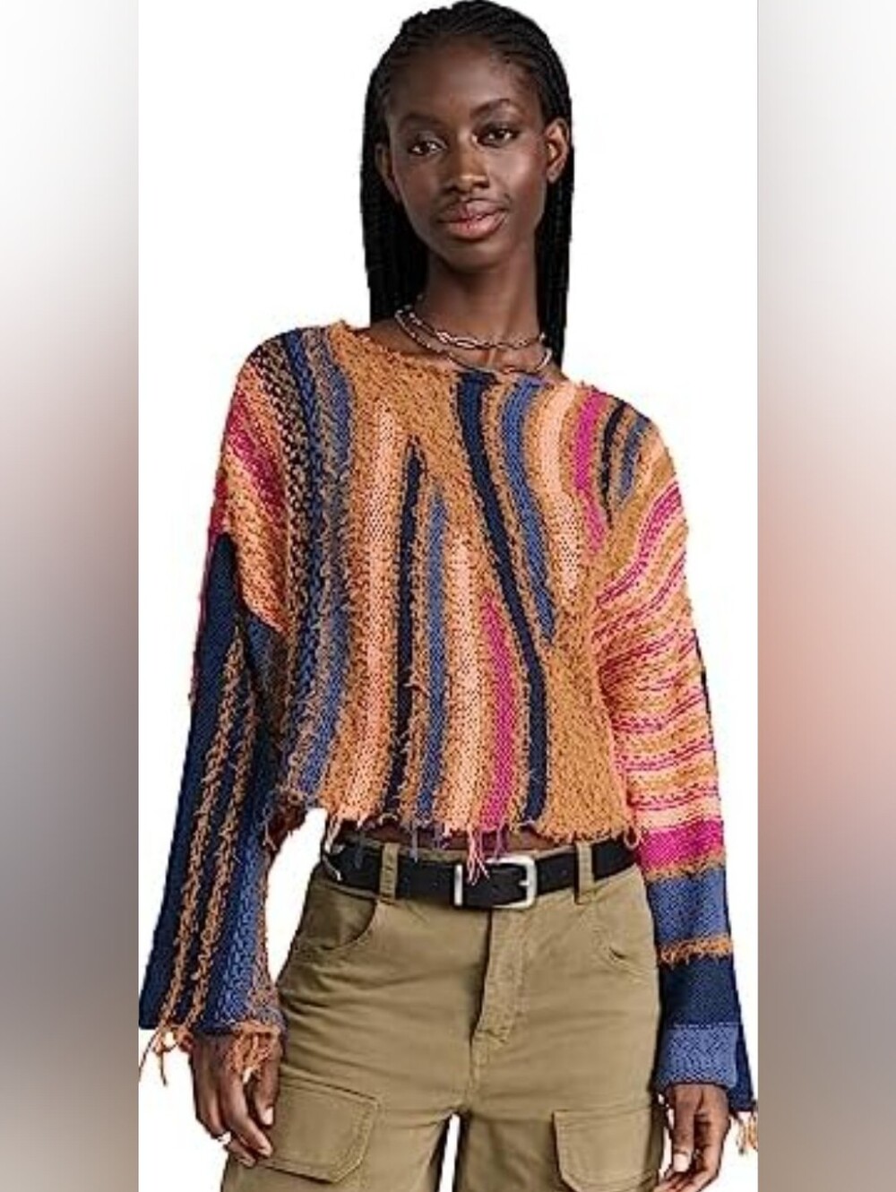 Free People Striped Cropped Knit Sweater in Tan, Navy & Pink